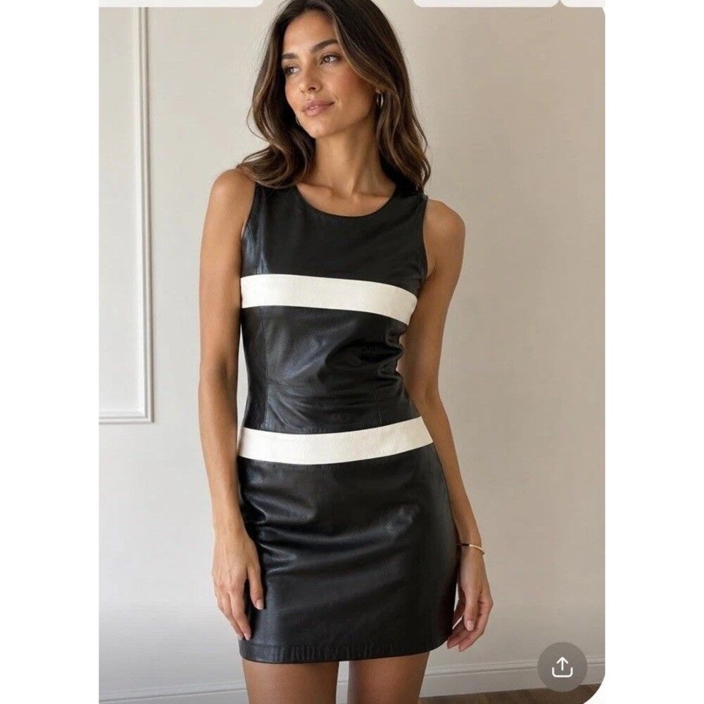 RARE Vintage Margaret Godfrey Black & White Genuine Leather  Dress Sz 6